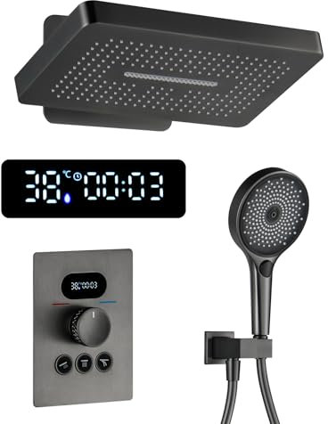 QREZAA Duschsystem mit Thermostat, Unterputz Duscharmatur Set LED Digitalanzeige Regendusche Unterputz Pistolengrau Duschset Wandmontiert Duscharmatur Komplettset mit Duschkopf, Handbrause