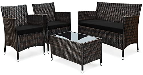 GIANTEX Salon de Jardin Extérieur 4 Personnes, Ensemble de Meubles en Rotin PE, Mobilier de Jardin avec Coussins et Table Basse en Verre, Charge 160-320KG (Marron+Noir)