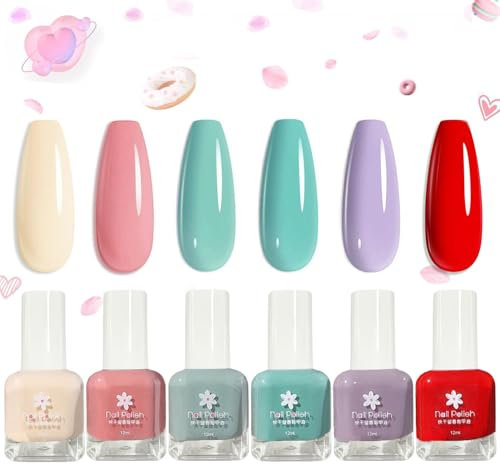 DMQ Pastel Nail Polish Nail Varnish Kit, 6Pcs Spring Summer Nail Polish Gel Set, Candy Macaroon Nail Paint Gel, Quick Dry Non-Toxic Water Based Nail Gel for DIY Nail Art at Home - No Need UV 12ML