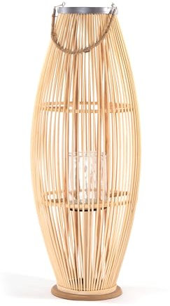 CREEDWOOD Bambus Laterne Zya | mit Henkel und Glaseinsatz | Holz Kerzenhalter, Windlicht, Deko Laterne für Balkon Garten Terrasse Wohnung | Größe: 95 cm