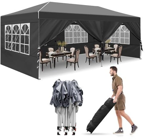 Pop up Gazebo 3m x 6m with 6 Sides, Ej.Victor Heavy Duty Gazebo Marquee with Sun Protection and Waterproof, Party Tent with Wheeled bag and 6 Sandbags Black