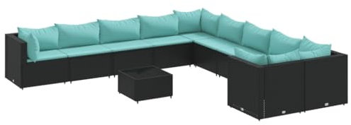 vidaXL Garten Sofa Garnitur 11-TLG., Gartenmöbel Set mit Kissen, Sitzgruppe für Garten Terrasse, Lounge Sitzgarnitur Modular, Schwarz Poly Rattan