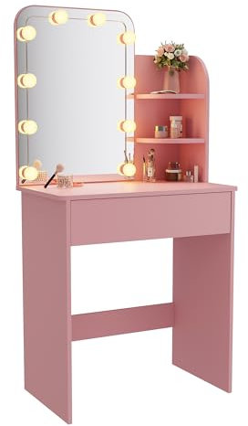 SONNI Schminktisch, Frisiertisch, Kosmetiktisch, Make-up Tisch mit Spiegel, LED-Beleuchtung Hollywood, Schubladen, 3 offene FÄcher, 3 Lichtmodis,10 Helligkeitsstufen, Schlafzimmer, Rosa, 70x40x140cm.