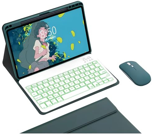 HLTOOP Funda con Teclado para Redmi Pad Pro 12,1 Pulgadas, Contener Ñ,Teclado Bluetooth Inalámbrico Desmontable Retroiluminado De 7 Colores con Portalápices Incorporado, Ratón para Tableta,Verde