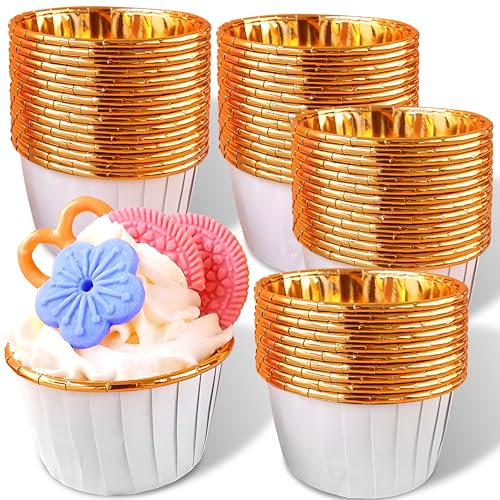 Retoo Muffinförmchen Papier 50 Stück Cupcake Formen Fällen Liners Wrapper Papierförmchen Durchmesser 50 mm Muffin Hüllen für Backen Dessert Party Geburtstag Halloween Hochzeit Weiß und Gold