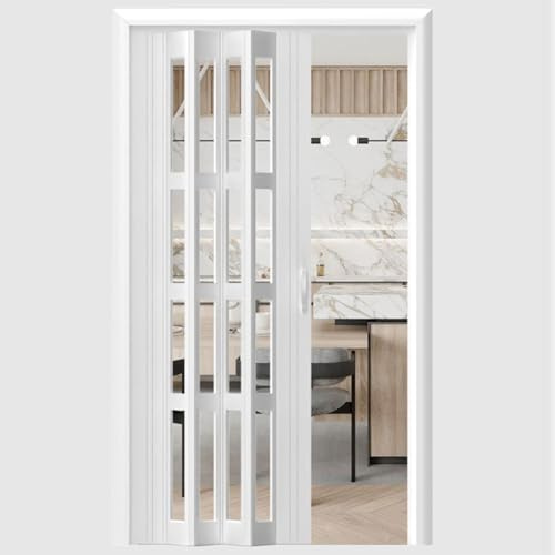 White Accordion Folding Doors Interior, PVC Concertina Door for Kitchen Living Dressing Room, Frosted Acrylic Sliding Door, Replaces Barn Door(38x80in(96x203cm))