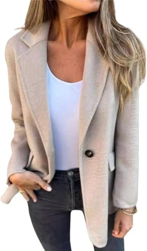Blazer en Tweed de Couleur Unie à Revers pour Femme, Veste Courte décontractée en mélange de Laine, Veste de Costume élégante et Chaude en Tweed Coupe-Vent (Amande,S)
