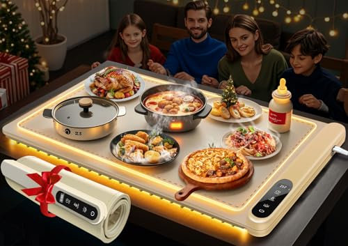 KingSom Warmhalteplatte Elektrisch mit Licht, Faltbare Speisenwärmer, Einstellbarer Temperatur 50-100°C & 1-6H Timer, Faltbare Silikon & Schnelle Erwärmung, Wärmeplatte Essen für Buffet,Familienfeiern
