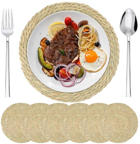 Round Woven Placemats Set of 6, Natural Water Hyacinth Place mats