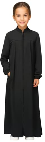 Cadymile Abaya Muslimisches Kleid für Mädchen, mit Reißverschluss vorne, 2 Taschen, langärmelig, solide, islamische Gebetskleidung für Kinder