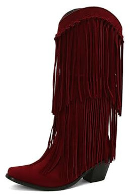 JZWBLDS Donne Faux Suede Mid Calf Cowboy Stivali Basso Tacco Tacco Tassel Stivali,Rosso,48 EU