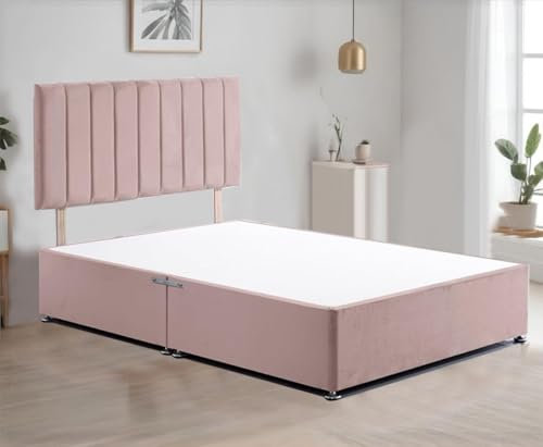 BED TIME UK - Luxe Pink Plush Bed Frame| Bed Base with Stylish 20 Vertical Liner Headboard | Bed Frame with 2-Drawer Storage (4FT6 Double)