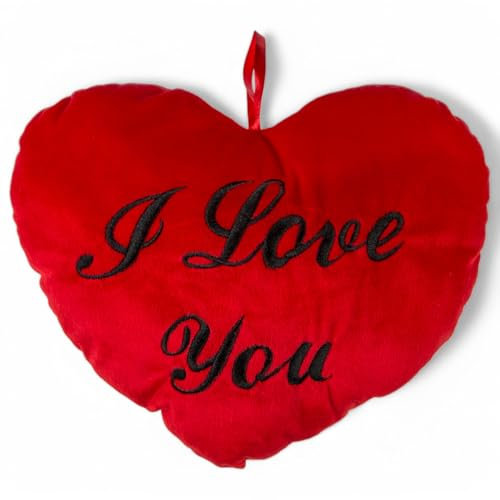MIJOMA Herz-Kissen aus Plüsch – Weiches Dekokissen mit romantischer Stickerei – Kuscheliges Sofakissen, Kissen in Herzform, flauschig & gemütlich (I Love You, 35cm)