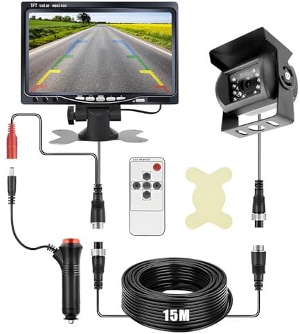 Rückfahrkamera Set mit 7 LCD Monitor, Nachtsicht Auto Backup-Kamera, Kabel Rückfahrkamera mit Stabilem Signal mit 15m Kabel 12 V 24 V, für Wohnmobil Van Trucks Bus Trailer Schwertransport