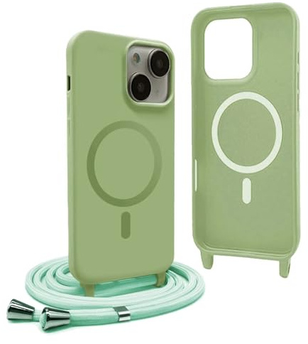 YFSYLL Handykette Hülle für iPhone 15 mit Band,Magnetische Silikon Handyhülle Kompatibel mit MagSafe,Handyhülle für zum Umhängen Einstellbar und Abnehmbar - Matcha grün