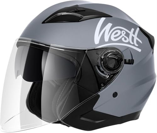 Westt Jethelm mit Visier und Sonnenblende Motorradhelm Herren Damen Rollerhelm Mopedhelm Mofa Chopper Helm Motorrad Halbhelm Open-Face-Helm Pilotenhelm ECE DOT Zertifiziert