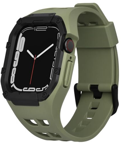 Nereides Compatible with Apple Watch Straps 45mm 44mm, for iWatch Strap Series 9/8/7/6/5/4/SE/SE2/SE3, Rugged Heavy Duty Case with Band, Shockproof PC Frame Bumper Cover (Army Green)