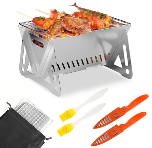 Barbecue Portable - Mini Barbecue - Barbecue Pliable, BBQ, 21 × 16 × 13 cm, Acier Inoxydable, Montage/Démontage Facile, avec Sac de Transport, Brosse et Couteau, pour 1-2 Personnes