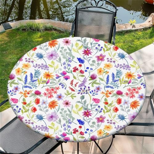 Outdoor Runde Tischdecke mit Gummizug Ø 36(90cm) - Elastisch Garten tischdecke mit Bunte kleine Blumen Muster Passend für 75-85cm breite Tische