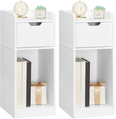 HOOBRO Mesitas de Noche Estrechas, Juego de 2, Mesas Auxiliares con Cajón para Dormitorio, Mesas Laterales Ultrafinas para Sala de Estar, Estilo Moderno, para Espacios Pequeños, Blanco EWT325BZP201