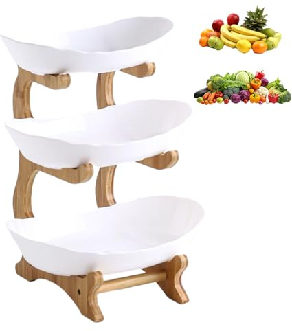 HIKENRI 3 Tier Fruit Basket,Vegetable Rack,Bread Basket,Wooden Rack PP Fruits Bowl Serving Tray,Vegetables Storage Racks For Kitchens Home,Office,Onion,Banana,Snack,Bedroom (White)