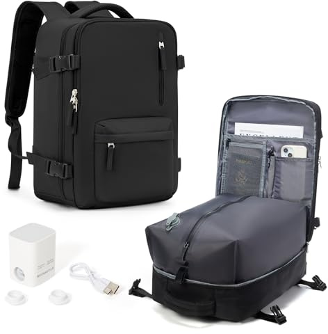 HPLQQ Sac à dos sous vide de voyage 40x30x20 avec pompe, Cabine Avion Ryanair/Wizz 40x30x20 Bagage cabine à main avec compression pour homme et femme,Sac airbag avec pompe,I-Noir