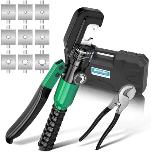 Hydraulische Crimpzange Presszange mit Kabelschere | 9 Sätzen der Crimpformen 4-70 mm² für Kabelarbeiten, Autoreparatur, Drahtgitter-Leitplanken Grün