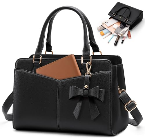 RAINSMORE Handtasche Damen Mittelgroß PU Leder Henkeltaschen Damen Klein Damenhandtaschen Tasche Damen Umhängetasche Tote Bag Schultertaschen Schwarz