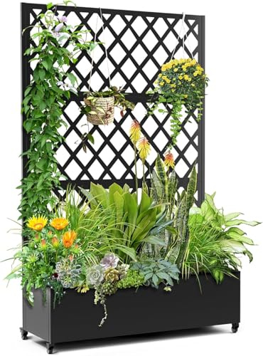 Garvee Jardinière Métal 180x89x40cm avec Treillis et Roues Verrouillables | Brise-Vue Paravent Extérieur pour Terrasse, Bac à Légumes Plantes Grimpantes sur Pieds/Mural