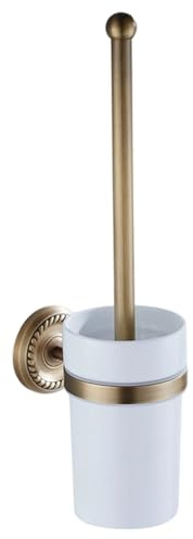 NASSMOSSE Brass Antique Wall Mounted Toilet Brush Holder with Ceramic Cup Bathroom Set