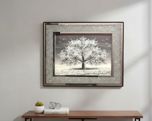 DEENZ Crushed Diamond Crystal Blossom Tree Wall Art 3D Glitter Liquid Floral Theme Mirrored Edges Frame Natural Display Picture Print Hanging Modern Home Decor Gift Idea Large 45 X 45 Cm (SILVER)