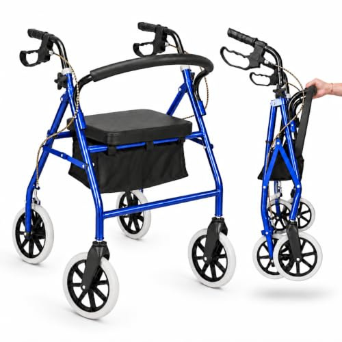 HOBBYZOO 4 Wheel Walker with Padded Seat and Back, Foldable Rollator | Height-Adjustable Iron and Nylon Walker for Seniors and Disabled Users, with Hand Brakes and Storage Bag, Blue and Black