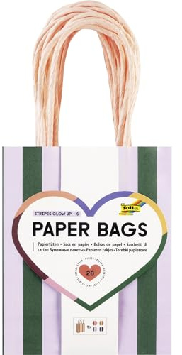Folia 21227 - Paper Bags Stripes Glow UP S, 20 Papiertüten aus 110 g/m² FSC-Mix Papier in 4 Farben, ca. 12 x 15 x 5,5 cm, zum Basteln, Verzieren und Verschenken
