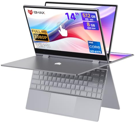 BMAX 2 in 1 Notebook 14,1 Pollici PC Touch Screen Core M7-6Y75 8GB RAM 512GB SSD Convertibile 360° Computer Portatile Win 11, 1920x1080 IPS Bluetooth Type C Tastiera Retroilluminata