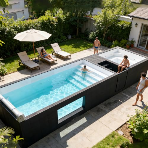 Piscina fuori terra di lusso, kit completo – Piscina container da 10/20 piedi con finestra di visualizzazione trasparente | Piscina modulare prefabbricata in acciaio | Interno piastrellato per uso