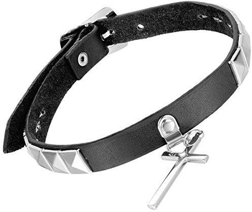 Flongo Legierung Leder Anhänger Halskette Kette Silber Schwarz Kreuz Nieten Jahrgang Herren,Damen