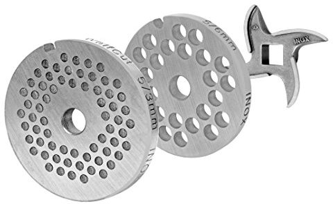 Wolfcut Lochscheibensatz Kompatibel/Ersatz mit alle Fleischwolf Größen 5 / 3mm + 6mm und 1 Sichelmesser z.B.: Bosch MUM4/MUM5 - Alexanderwerk Größe 5 – Jupiter Größe 5