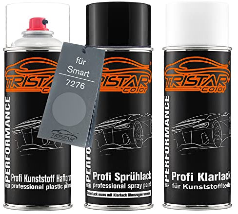 TRISTARcolor Autolack Spraydosen Set für Kunststoff Stoßstange für Smart 7276 Graphite Grey Metallic Haftgrund Basislack Klarlack mit Weichmacher Sprühdose