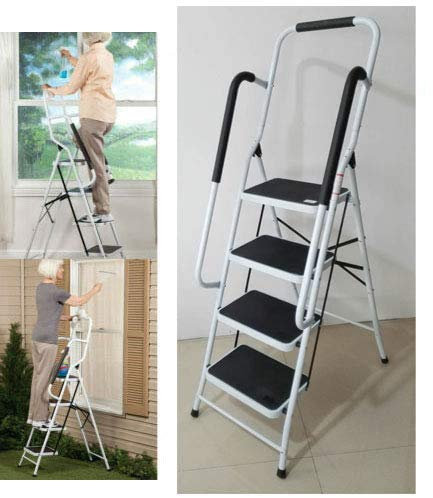 Scaletta a 4 gradini con corrimano di sicurezza, pieghevole, antiscivolo, resistente, capacità di carico di 150 kg, ideale per casa/cucina, garage, ufficio, magazzino