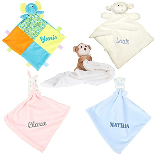 Doudou animal personnalisé avec le prénom de bébé, SINGE, OURS, MOUTON, ELEPHANT ou LAPIN poche range sucette