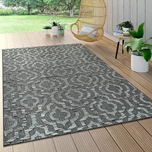 Paco Home Outdoor Teppich Wetterfest Wohnzimmer Balkon Küche Orientalisch Ornament Skandinavisch Geometrisches Muster 3D Effekt Modern, Grösse:200x290 cm, Farbe:Grau 3