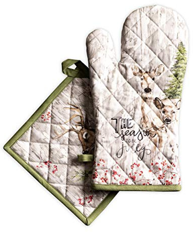 Maison d' Hermine Mountain Life Ensemble de Gants de Cuisine 100% Coton (19cm x 33cm) et manique (20cm x 20cm) pour Barbecue, Cuisine, Micro-Onde, Thanksgiving/Noël