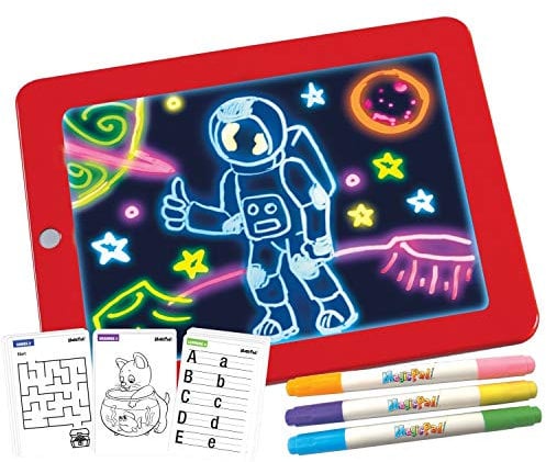 Magic Pad Zaubertafel Kinder – Maltafel mit 6 Neonfarben & 8 Leuchteffekten – inkl. 30 Schablonen – Abwischbar, Reisegröße