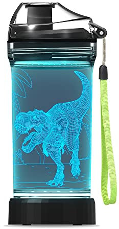 Kids Water Bottle with 3D Dinosaur LED Light - 14 OZ Tritan BPA Free - Creative Ideal Travel Cup Dinosaur Gift for School Kid Boy Child Holiday Camping Picnic