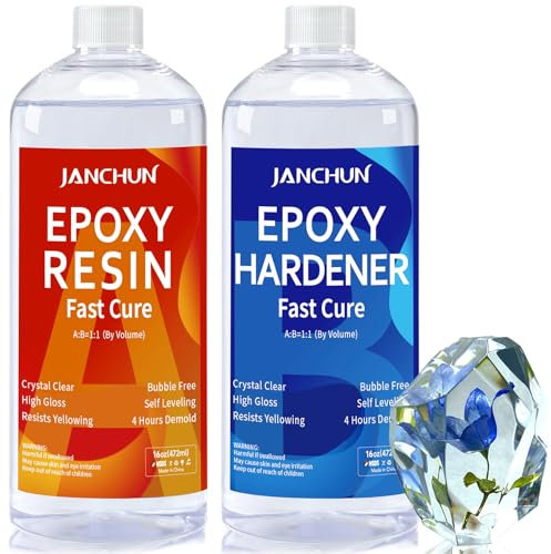JANCHUN Crystal Clear Epoxy Resin Kit 32OZ Bubble Free, Anti-Yellowing,Self Leveling Easy Mix 1:1 Coating and Casting Resin for Table Top, Molds,Tumbler Crafts, Painting, Jewelry, DIY Gifts
