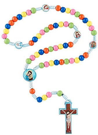 Needzo Bunte hölzerne Rosenkranz Perlen mit Mini Heiligen Bilder, 14 1/2 Zoll