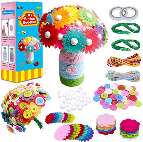 SpriteGru Flower Craft Kit for Kids,Make Your Own Flower Bouquet with Buttons,DIY Activity Gift for Boys & Girls Age 4 5 6 7 8 9 10 Year Old(2 Bouquets and 1 Glass Vase)