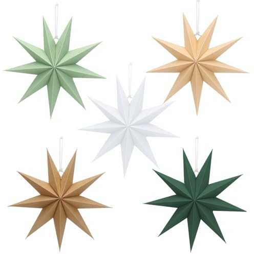 Sprinlot Papiersterne Weihnachten Weiß Beige Grün, 5 Stück 30cm Weihnachtsstern, 9 Zacken Papiersterne zum Aufhängen, Faltsterne Sterne für Weihnachten Hochzeit Tischdeko Fensterdeko