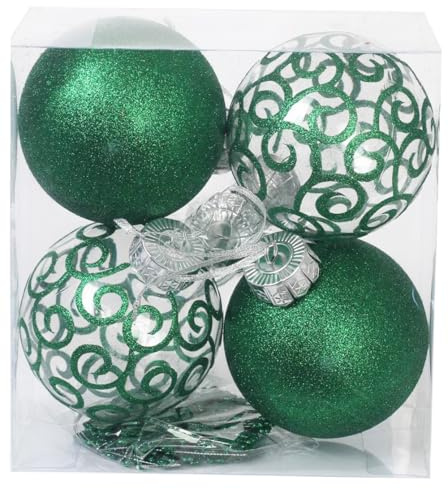 SLEETLY Big Green Bauble Ornaments for Farmhouse Christmas Tree Holiday Xmas Decorations - Extra Large Shatterproof Plastic 120mm Baubles and Snowflakes, Set of 8