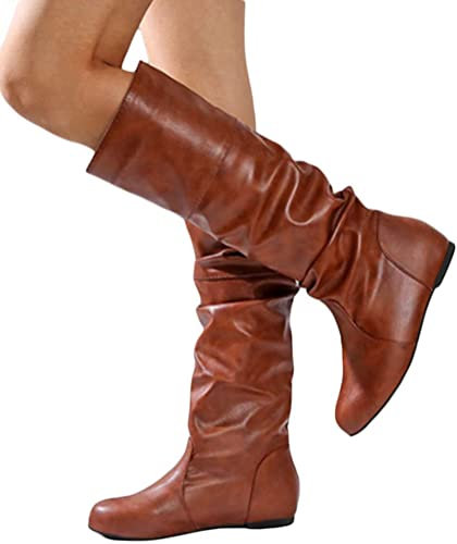 ORANDESIGNE Stivali in Pelle da Donna Stivali Medi con Punta Tonda e Tacco Grosso Comodo Caldo Stivali Alti Autunno Inverno A Marrone 38 EU